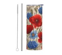 Mexpekil Bicchiere termico da 590 ml, con cannuccia e coperchio, in acciaio inox, con papaveri rossi e margherite blu, a tenuta stagna, ideale come regalo per donne e uomini