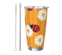 Mexpekil Bicchiere termico da 590 ml, con cannuccia e coperchio, in acciaio inox, motivo: coccinelle, margherite, linee gialle, a tenuta stagna, ideale come regalo per donne e uomini