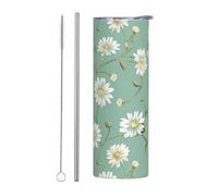 Mexpekil Bicchiere termico da 590 ml, con cannuccia e coperchio, in acciaio inox, motivo: margherite, a tenuta stagna, ideale come regalo per donne e uomini