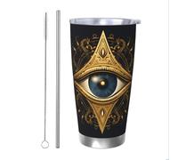 Mexpekil Bicchiere termico da 590 ml, con cannuccia e coperchio, in acciaio inox, tazza da caffè ghiacciato Boho Magic Eye, a prova di perdite, bottiglia termica da viaggio, regalo per donne e uomini