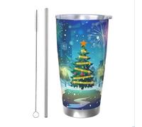 Mexpekil Bicchiere termico da 590 ml, con cannuccia e coperchio, in acciaio inox, tazza da caffè ghiacciato, con albero di Natale, città, fuochi d'artificio, a prova di perdite, bottiglia termica da