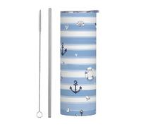 Mexpekil Bicchiere termico da 590 ml, con cannuccia e coperchio, in acciaio inox, tazza da caffè ghiacciato a righe blu, barche a vela, ancora, a prova di perdite, bottiglia termica da viaggio, regalo