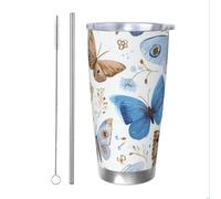 Mexpekil Bicchiere termico da 590 ml, con cannuccia e coperchio, in acciaio inox, tazza da caffè ghiacciato, motivo farfalle, colore blu e marrone, a tenuta stagna, ideale come regalo per donne e