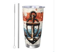 Mexpekil Bicchiere termico da 590 ml, con cannuccia e coperchio, in acciaio inox, tazza da caffè ghiacciato, vintage, con ancora e bandiera a prova di perdite, bottiglia termica da viaggio, regalo per