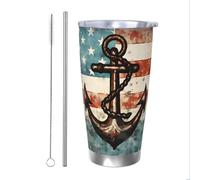 Mexpekil Bicchiere termico da 590 ml, con cannuccia e coperchio, in acciaio inox, tazza da caffè ghiacciato, bandiera americana, ancora, a prova di perdite, bottiglia termica da viaggio, regalo per