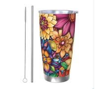 Mexpekil Bicchiere termico da 590 ml, con cannuccia e coperchio, in acciaio inox, tazza da caffè ghiacciata con mandala, motivo floreale brillante, a tenuta stagna, ideale come regalo per donne e