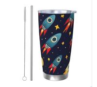 Mexpekil Bicchiere termico da 590 ml, con cannuccia e coperchio, in acciaio inox, tazza da caffè ghiacciato, astronavi, stelle, a tenuta stagna, bottiglia termica da viaggio, regalo per donne e uomini