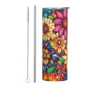 Mexpekil Bicchiere termico da 590 ml, con cannuccia e coperchio, in acciaio inox, tazza da caffè ghiacciata con mandala, motivo floreale brillante, a tenuta stagna, ideale come regalo per donne e