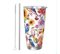 Mexpekil Bicchiere termico da 590 ml, con cannuccia e coperchio, in acciaio inox, tazza da caffè ghiacciato, acquerello, uccelli, fiori, a prova di perdite, bottiglia termica da viaggio, regalo per
