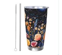 Mexpekil Bicchiere termico da 590 ml, con cannuccia e coperchio, in acciaio inox, tazza da caffè ghiacciato, galassia, fiori di rosa, a prova di perdite, bottiglia termica da viaggio, regalo per donne