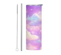 Mexpekil Bicchiere termico da 590 ml, con cannuccia e coperchio, in acciaio inox, tazza da caffè ghiacciato, con nuvole e stelle rosa, a prova di perdite, ideale come regalo per donne e uomini