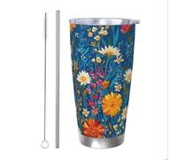 Mexpekil Bicchiere termico da 590 ml, con cannuccia e coperchio, in acciaio inox, tazza da caffè ghiacciato, con fiori di campo dai colori vivaci, a prova di perdite, da viaggio, bottiglia termica per