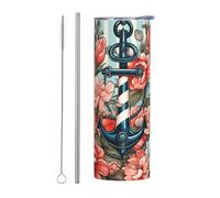 Mexpekil Bicchiere termico da 590 ml, con cannuccia e coperchio, in acciaio inox, tazza da caffè ghiacciato, motivo a fiori, ancora a righe, a prova di perdite, bottiglia termica da viaggio, regalo