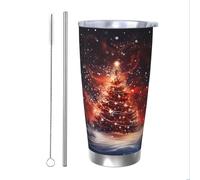 Mexpekil Bicchiere termico da 590 ml, con cannuccia e coperchio, in acciaio inox, tazza da caffè ghiacciato, con albero di Natale rosso magico, a prova di perdite, bottiglia termica da viaggio, regalo