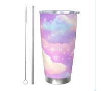 Mexpekil Bicchiere termico da 590 ml, con cannuccia e coperchio, in acciaio inox, tazza da caffè ghiacciato, con nuvole e stelle rosa, a prova di perdite, ideale come regalo per donne e uomini