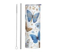 Mexpekil Bicchiere termico da 590 ml, con cannuccia e coperchio, in acciaio inox, tazza da caffè ghiacciato, motivo farfalle, colore blu e marrone, a tenuta stagna, ideale come regalo per donne e