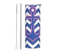 Mexpekil Bicchiere termico da 590 ml, con cannuccia e coperchio, in acciaio inox, tazza da caffè ghiacciato con ancora a righe blu, a prova di perdite, bottiglia termica da viaggio, regalo per donne e