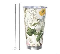 Mexpekil Bicchiere termico da 590 ml, con cannuccia e coperchio, in acciaio inox, tazza da caffè ghiacciato, fiori di campo, , farfalle, a prova di perdite, bottiglia termica da viaggio, regalo