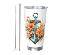 Mexpekil Bicchiere termico da 590 ml, con cannuccia e coperchio, in acciaio inox, tazza da caffè ghiacciato, con ancora e fiore, a prova di perdite, regalo per donne e uomini