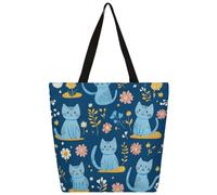 Mexpekil Blue Cats Flowers Pattern Canvas Tote Bag per donne ragazze borse riutilizzabili per la spesa borse della spesa grandi borse da donna borsa a tracolla multiuso