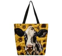 Mexpekil Borsa a tracolla multiuso in tela con girasole e mucca, per donne e ragazze, riutilizzabile, per la spesa, grande, da donna