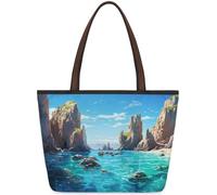 Mexpekil Borsa a tracolla riutilizzabile da donna, blu mare isola blu cielo blu grande capacità carino borsa a tracolla per shopping, lavoro, libro, Blue Sea Island Cielo Blu, Medium