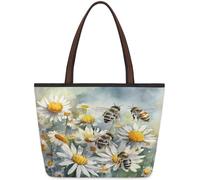 Mexpekil Borsa a tracolla riutilizzabile da donna, con api margherite bianche, grande capacità, graziosa borsa a tracolla per shopping, lavoro, libri, Le api margherite bianche raccolgono il miele