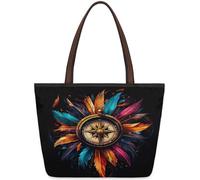 Mexpekil Borsa a tracolla riutilizzabile da donna, con bussola colorata e piuma dei nativi americani, grande capacità, graziosa borsa a tracolla per shopping, lavoro, libri, Bussola., Small