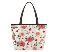 Mexpekil Borsa a tracolla riutilizzabile per donne, coccinelle rosse e volatili, grande capacità, graziosa borsa a tracolla per shopping, spesa, lavoro, libro, Coccinelle rosse e Frowers, Medium