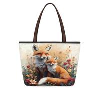 Mexpekil Borsa a tracolla riutilizzabile per donne, volpi dei cartoni animati tra i fiori stampa di animali grande capacità carino borsa a tracolla per shopping generi alimentari, lavoro, libro, Volpi