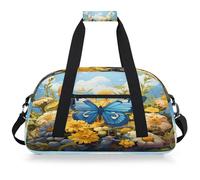 Mexpekil Borsa da palestra da viaggio con farfalla blu e fiori gialli per ragazze e ragazzi borse da viaggio per il fine settimana borsa impermeabile per sport danza scuola pratica