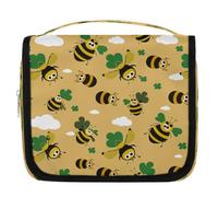 Mexpekil Borsa da toilette da viaggio da appendere per donne con api e trifoglio dei cartoni animati grande borsa da bagno portatile per trucchi e cosmetici borse per ragazze ragazzi