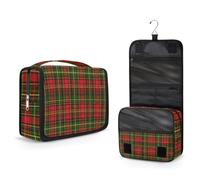 Mexpekil Borsa da toilette da viaggio da appendere per donne, in tartan rosso e verde, grande, portatile, organizer per trucchi e cosmetici, per ragazze e ragazzi