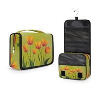 Mexpekil Borsa da toilette da viaggio da appendere per donne, tulipani, verde, giallo, grande, portatile, organizer per cosmetici per ragazze e ragazzi