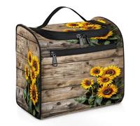 Mexpekil Borsa da toilette in legno retrò con girasole da appendere per donne e uomini, grande borsa impermeabile per trucco cosmetico da viaggio, Multicolore, 10.2 x 6.5 x 9.2 inches, Beauty case