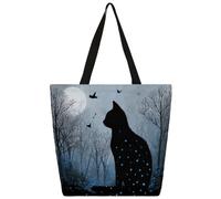 Mexpekil Borsa larga in tela con gatto nero e stelle al chiaro di luna, per donne e ragazze, riutilizzabile, borsa per la spesa grande, borsa a tracolla multiuso da donna