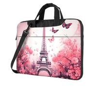 Mexpekil Borsa per computer portatile, impermeabile, borsa a tracolla portatile con tracolla, valigetta per donne e uomini, Torre Eiffel Fiori Rosa, 14 Inch