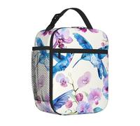 Mexpekil Borsa per il pranzo con tasca laterale in rete per donne, uomini, ragazzi e ragazze, borsa termica per il pranzo con fiori di prugna blu colibrì