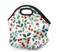 Mexpekil Borsa per il pranzo in neoprene per donne, uomini, adulti, bambini, piccole bacche rosse e foglie verdi, borsa termica per il pranzo portatile da picnic per lavoro e campeggio