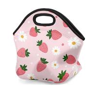 Mexpekil Borsa per il pranzo in neoprene per donne, uomini, adulti, bambini, rosa, fragole, margherite, isolata, borsa da picnic portatile per lavoro e campeggio