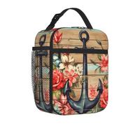 Mexpekil Borsa per il pranzo retrò in legno con ancora e fiori | Contenitore termico per il pranzo, per ragazze, ragazzi, donne, uomini, piccole borse termiche, per scuola/lavoro/picnic
