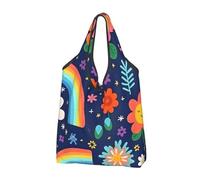 Mexpekil Borsa per la spesa pieghevole con fiore felice arcobaleno riutilizzabile impermeabile Tote Bag per lo shopping quotidiano