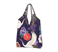 Mexpekil Borsa per la spesa pieghevole con fiori di glicine e gru giapponese, riutilizzabile, impermeabile, per lo shopping quotidiano