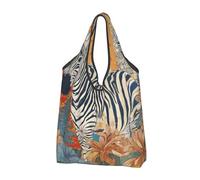 Mexpekil Borsa per la spesa pieghevole retrò collage classico floreale zebra riutilizzabile impermeabile Tote Bag per lo shopping quotidiano
