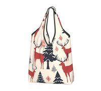 Mexpekil Borsa per la spesa pieghevole vintage con alce, cervo, albero di Natale, riutilizzabile, impermeabile, borsa tote per lo shopping quotidiano