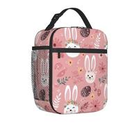 Mexpekil Borsa termica per il pranzo con coniglietti, uova, fiore, rosa, per donne e uomini, borsa termica portatile da picnic con tasca laterale in rete per adulti, per il lavoro