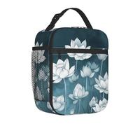 Mexpekil Borsa termica per il pranzo con fiori di loto blu e bianco per donne e uomini, borsa termica portatile da picnic con tasca laterale in rete per adulti lunchbox per lavoro