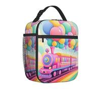 Mexpekil Borsa termica per il pranzo con palloncini a forma di treno dei cartoni animati arcobaleno per donne e uomini, borsa termica portatile da picnic con tasca laterale in rete per adulti Lunchbox