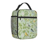 Mexpekil Borsa termica per il pranzo con uccelli e fiori di campo verde chiaro per donne e uomini, borsa termica portatile da picnic con tasca laterale in rete per adulti lunchbox per lavoro