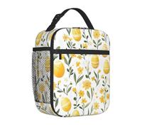 Mexpekil Borsa termica per il pranzo con uova con fiori gialli per donne e uomini, borsa termica portatile da picnic con tasca laterale in rete per adulti Lunchbox per lavoro
